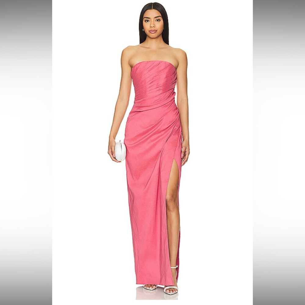 Rachel Gilbert Pink Asymmetrical Ruched Strapless Gown